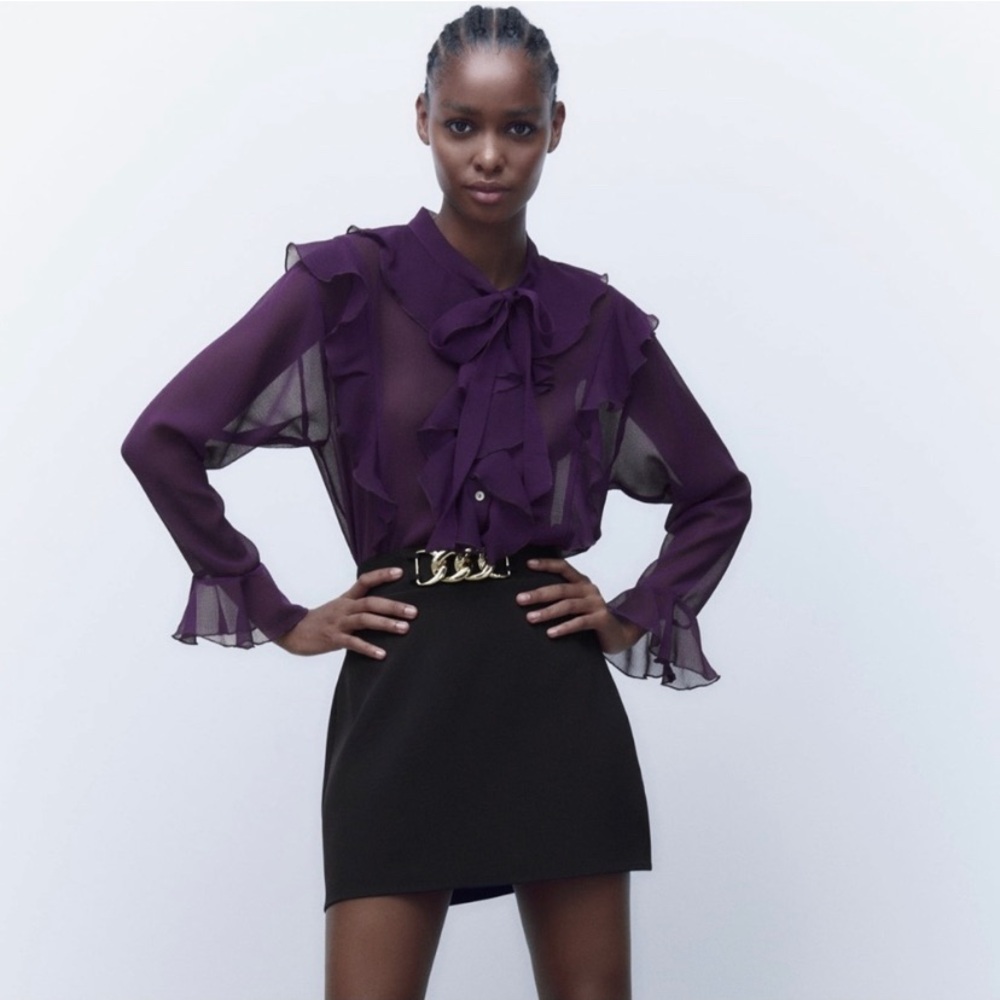 Zara Deep Purple Sheer Ruffle Blouse - Picture 2 of 11